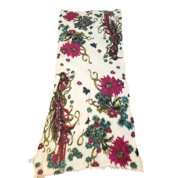 Hang N Hold Wool Crepe Floral Scarf Wrap 2 x68 Inch Raw Hem Colorful Lightweight - Picture 1 of 11